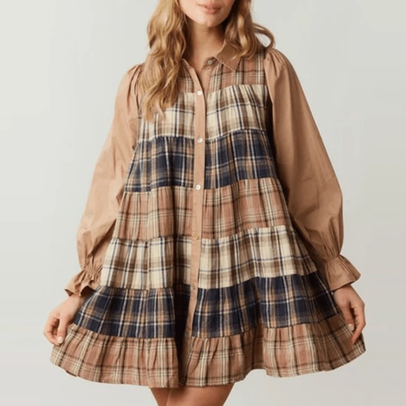 Cotton Plaid Print Button Down Loose Fit Long Sleeve Dress - Picture 2 of 5